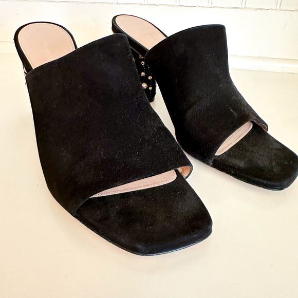 Stuart Weitzman Suede Crystal Embellished Block Heel Mule Sandals Black - Picture 3 of 5